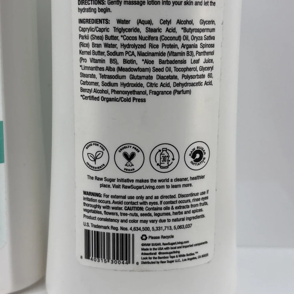 2 Raw Sugar Moisture Loving Replenishing Lotion Shea + Rice Flower Coconut Oil